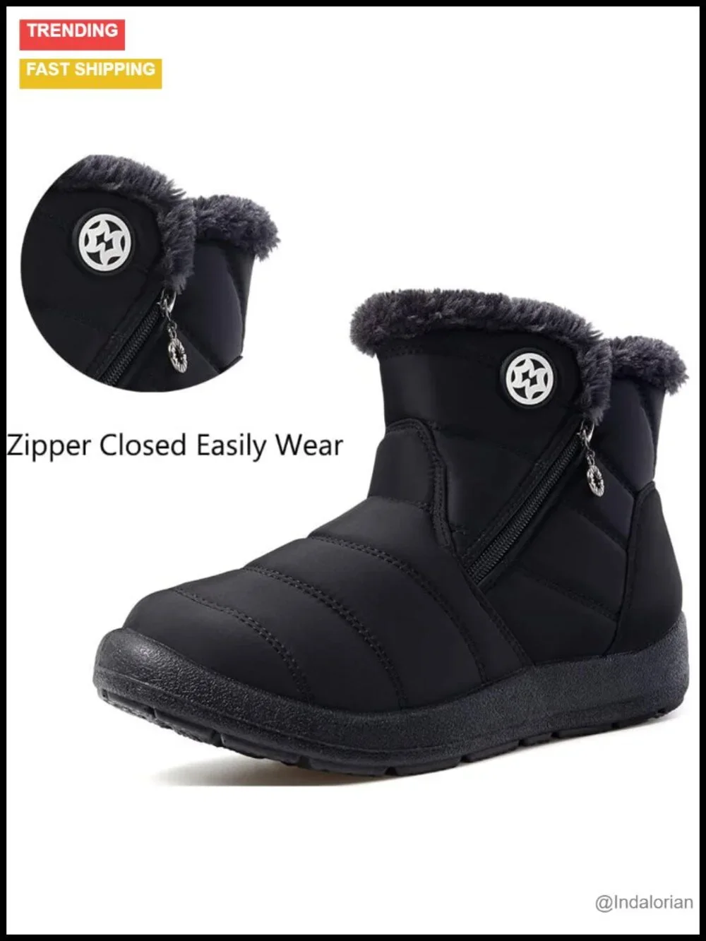 Winter Waterproof Warm Zip Ankle Snow Boots Fur Lined Slip On Flat Outdoor Ski